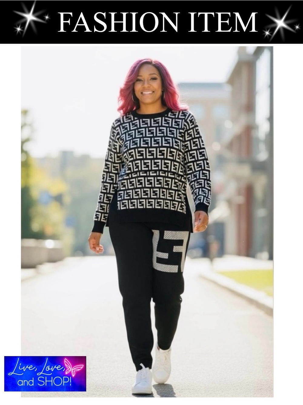 SWEATER SET: Black & White w/Matching Pants, EUC